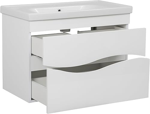 Miniatura 3 de Moderno tocador de baño montado en la pared con lavabo  Colección Wave White High Gloss con gabinete lateral  MDF-44 no tóxico resistente al fuego
