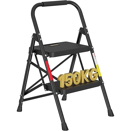 BONTEC 2-Step Ladder, Folding Step Stool, 600lbs Max Load Capacity, Sturdy Steel, Non-Slip Pedals, Lightweight, Portable Steel Ladder with Convenient Handrail, Safety Design for Home & Work, Black