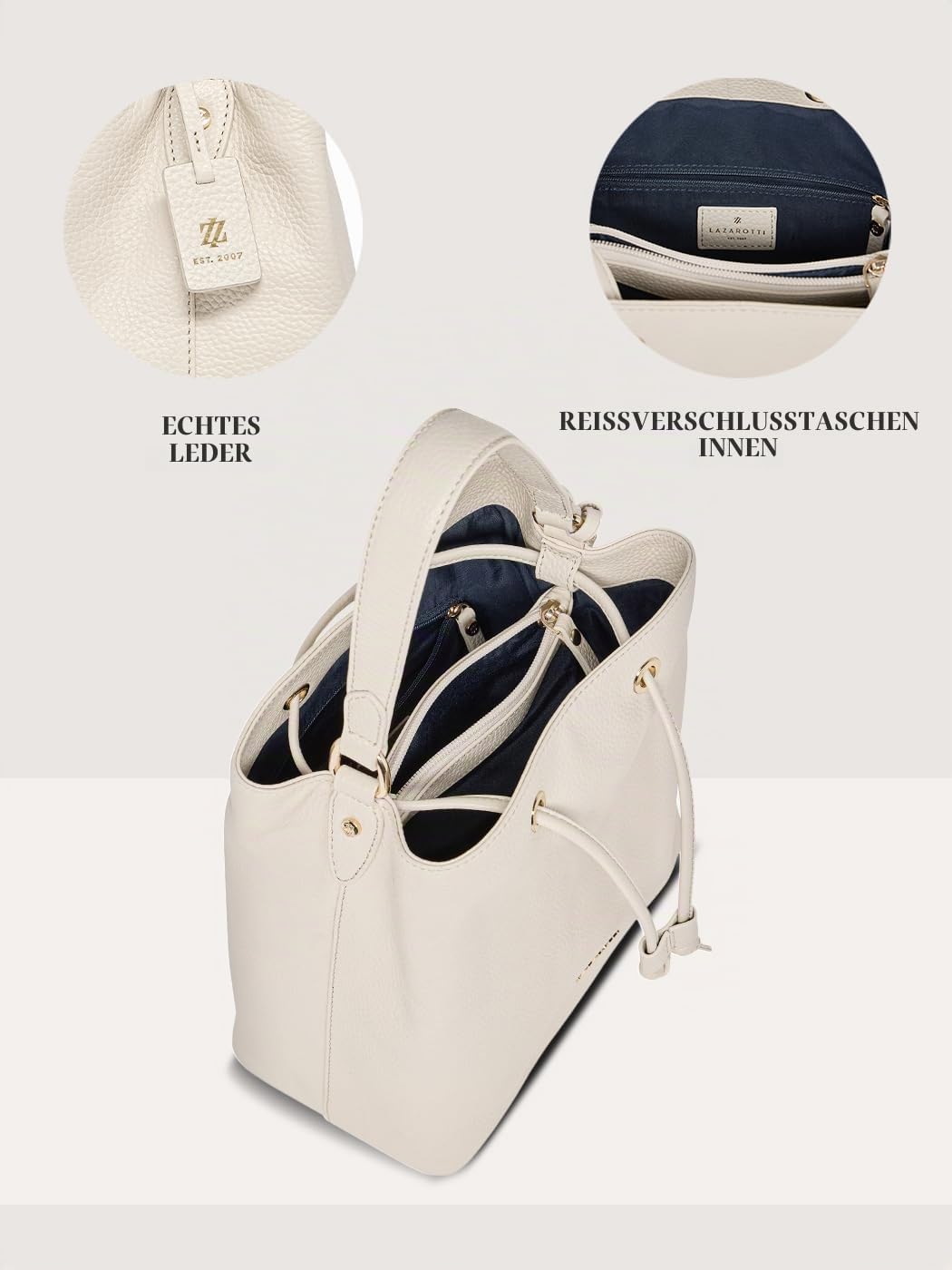 Lazarotti Bologna Damen Henkeltasche aus Echt-Leder | Handtasche mit abnehm- & längenverstellbaren Trageriemen | Bucket Bag 25 cm