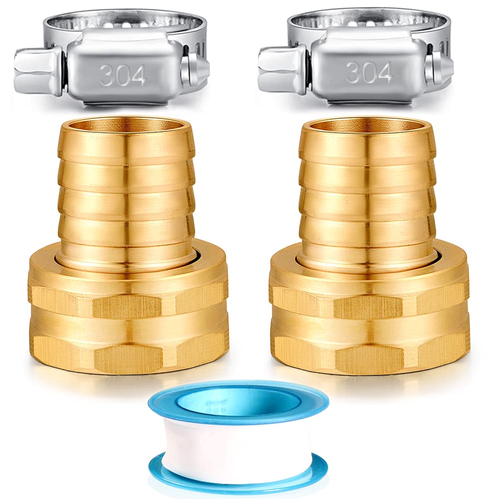 Solid Brass Garden Hose Repair kit Connector with Stainless Steel Clamps, Male Adapter/Female Garden Hose Swivel Fitting… (3/4" Barb x 3/4" Female -2 Sets)