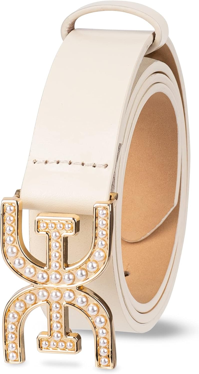 Sam Edelman Women's Imitation Pearl Embellished Double-E Logo Plaque Buckle Leather Belt for Jeans, Dresses and Trousers - Image 3