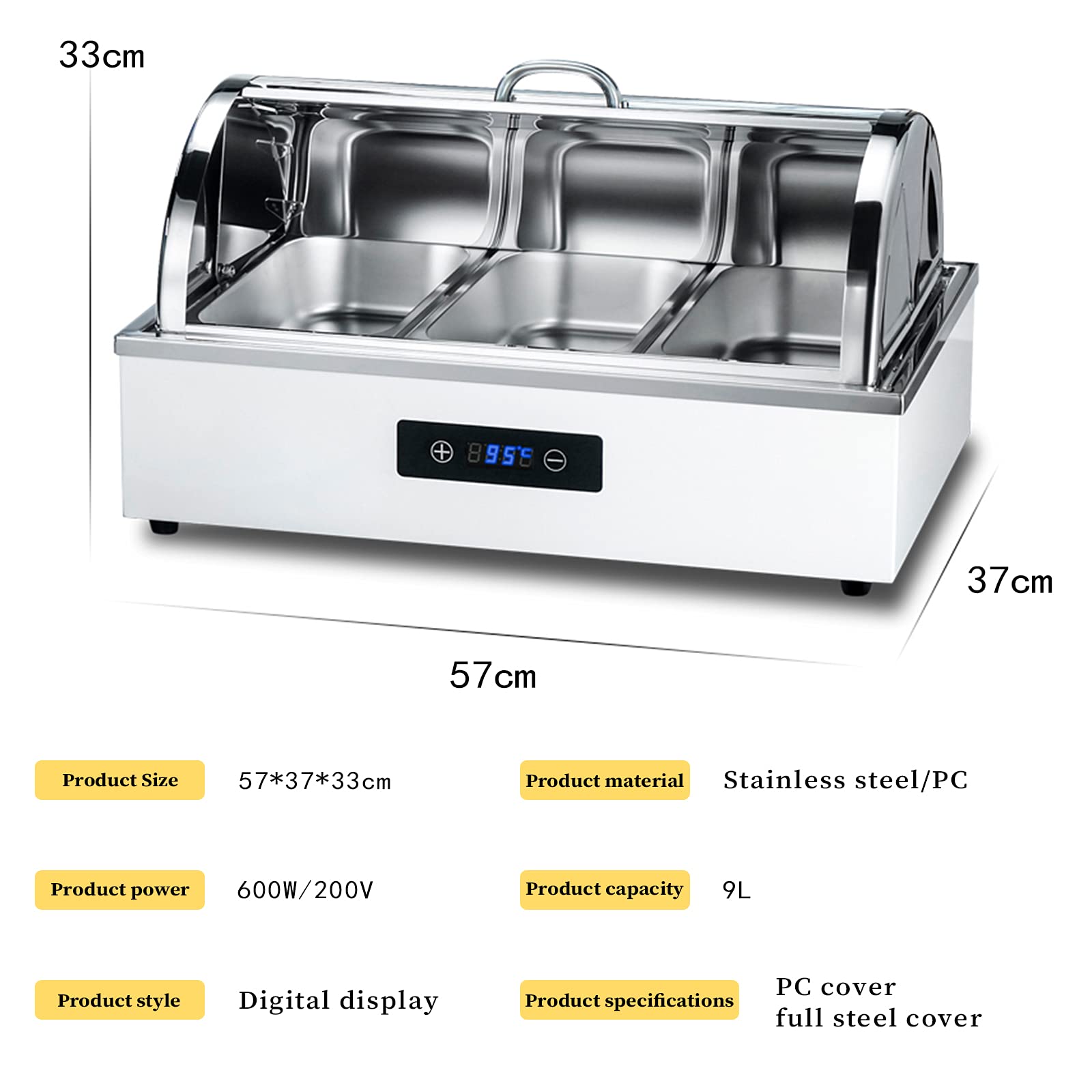 Set scaldavivande elettrico da buffet, 9 l, in acciaio inox, con display digitale, ideale per feste ed eventi