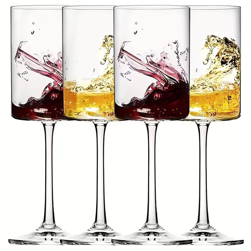Image of PrimeWorld Modern Square Wine Glasses Set of 4 Pcs - 260 ml Crystal Stemmed Wine Glasses with Thin Laser-Cut Rim, Large Glasses for Red & White Wine, Dishwasher Safe