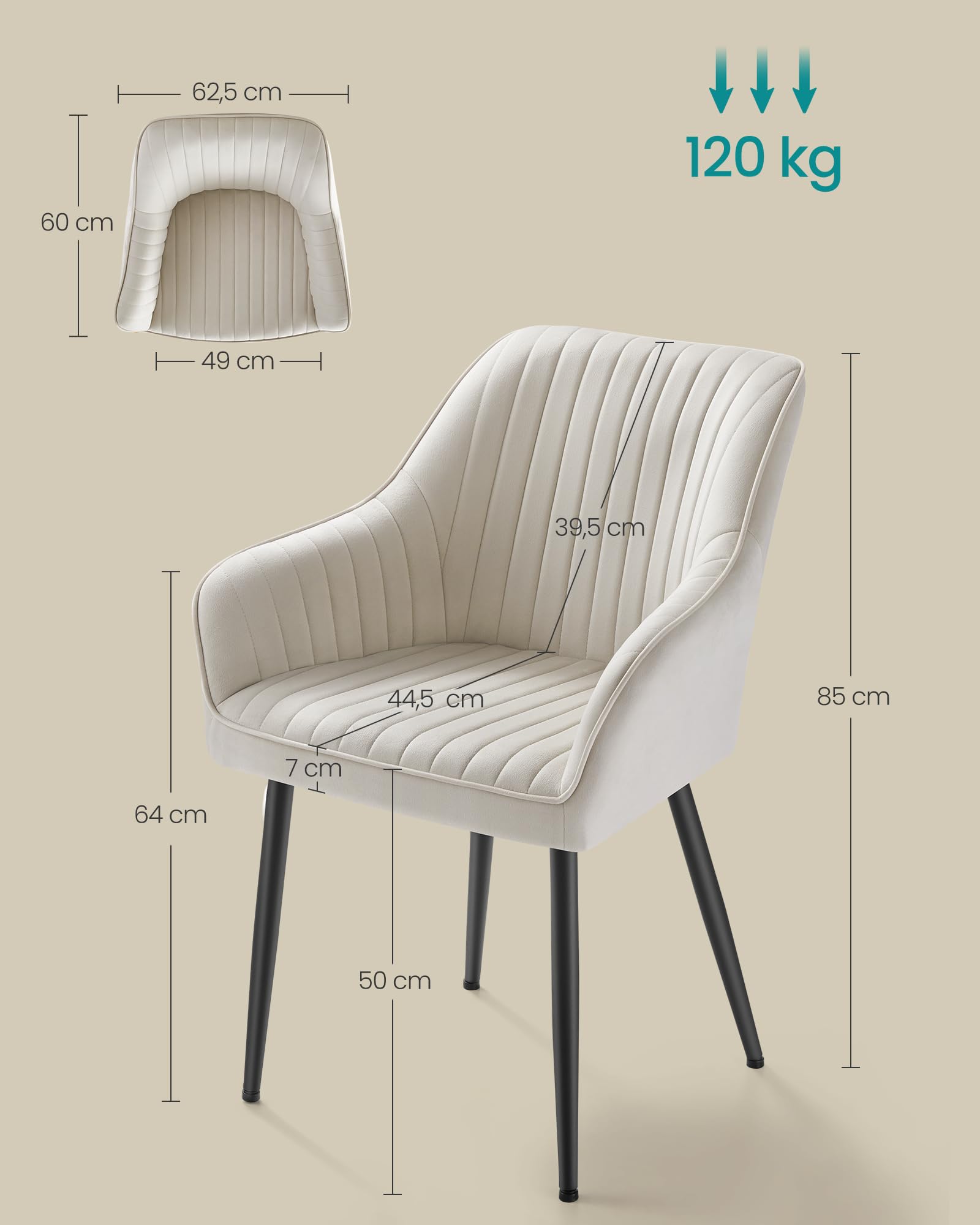 SONGMICS Eetkamerstoel, keukenstoel, fauteuil, fluweel