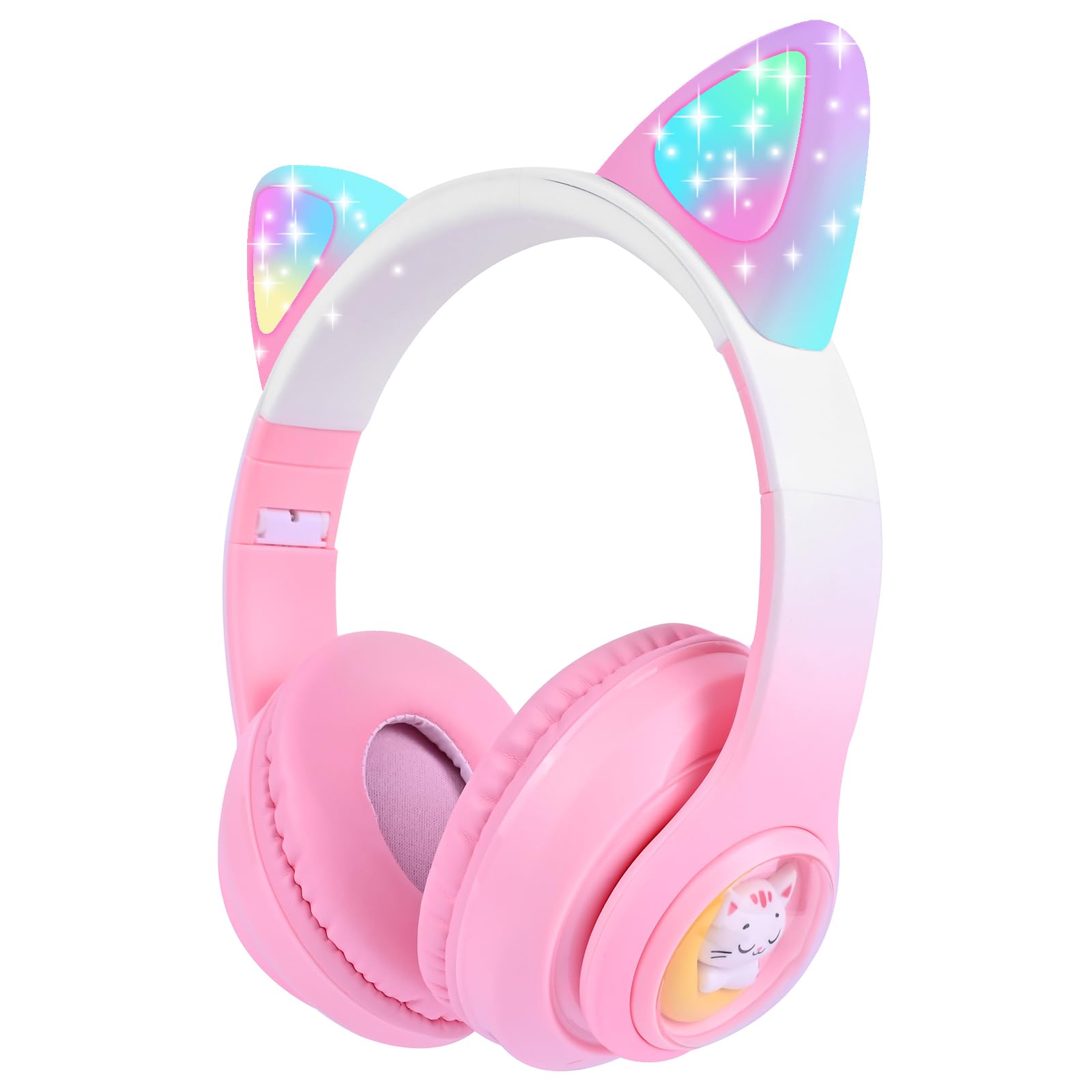 SUMERBEE Cat Ear Kids Headphones Wireless, LED Light up Bluetooth Headphones with Microphone for Toddler/Teenagers/Adult (Pink Pro)