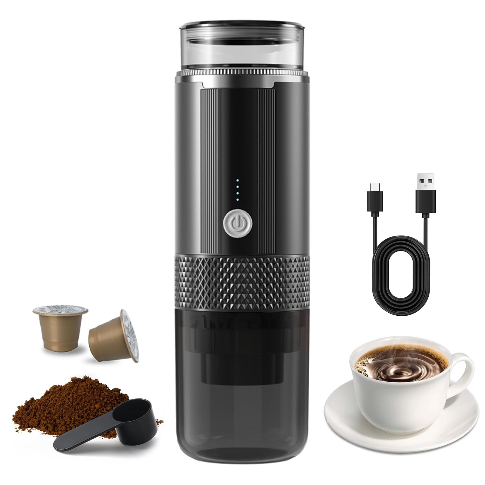 Máquina de Café Eléctrico Portátil Operación de un Botón con 4 Indicadores de Alimentación Luz Inalámbrica Inalta Recargable de café Trabajo con Cápsula de té de Chocolate Polvo