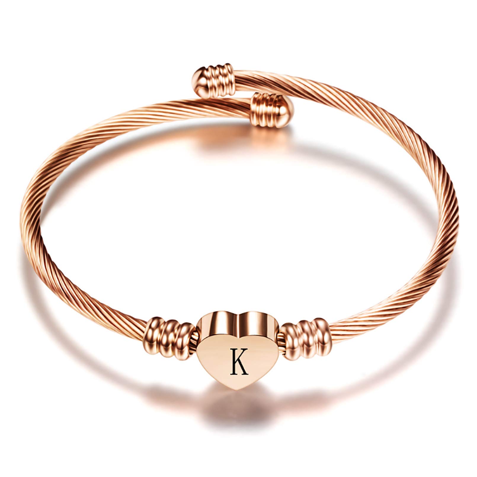 LSxABWomen Girls Rose Gold Initial A-Z Letter Cuff Bracelet Expandable Heart Personalized Name Bangle Bracelets Birthday Gift