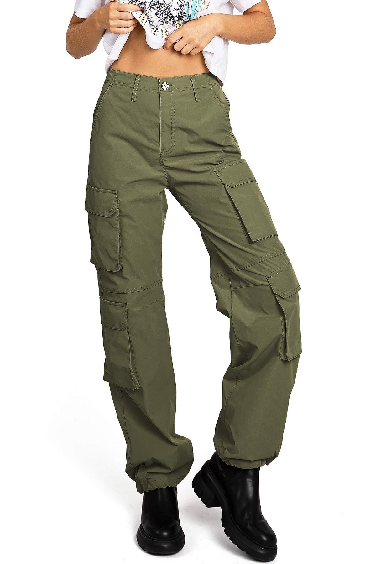 Love Tree Women's Juniors High Rise Skater Cargo Pants (Olive, Large)