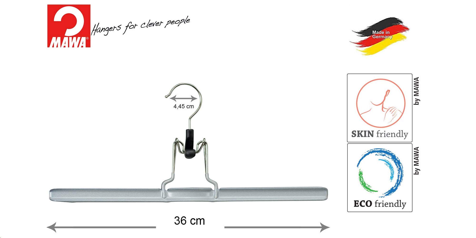 MAWA MAWAmat - Grucce a pinza, 10 pezzi, adatto per pantaloni e gonne, gancio girevole a 360°, con rivestimento antiscivolo non inquinante, 36 cm, Argento