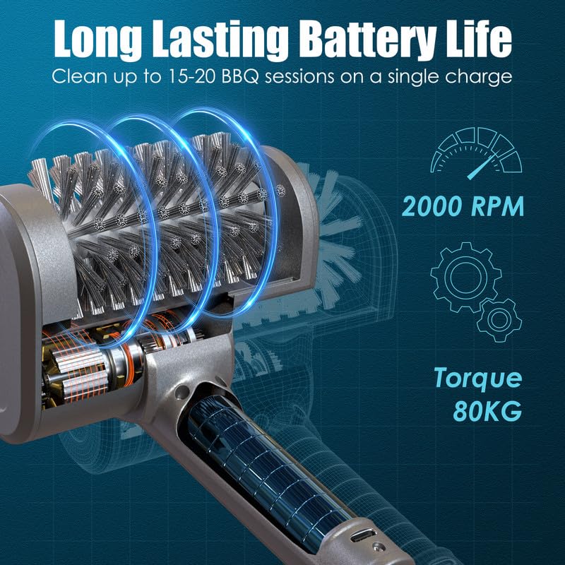 Image of Electric Grill Brush Rechargeable Grill Cleaner with 3 Heads 2 Speed 2000 RPM Torque 80KG BBQ Cleaning Brush with Safety Lock Submersible 304 SS Head Splash-Proof Scrubbe IPX7 Waterproof Silvery
