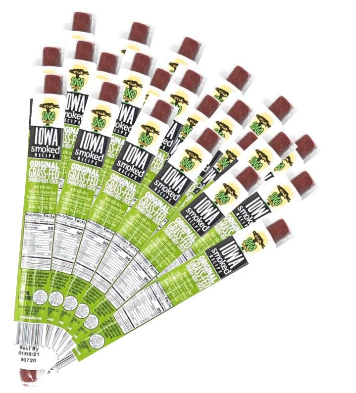 Original - Iowa Smoked Recipe, Sogo Snacks, Sugar Free Beef Jerky, Non-GMO Grass Fed Beef Sticks. No Nitrates, Gluten, Soy, MSG, Dairy, or Nuts. Paleo, Whole30, & Keto Snack (Original-ISR, 24 Cnt)