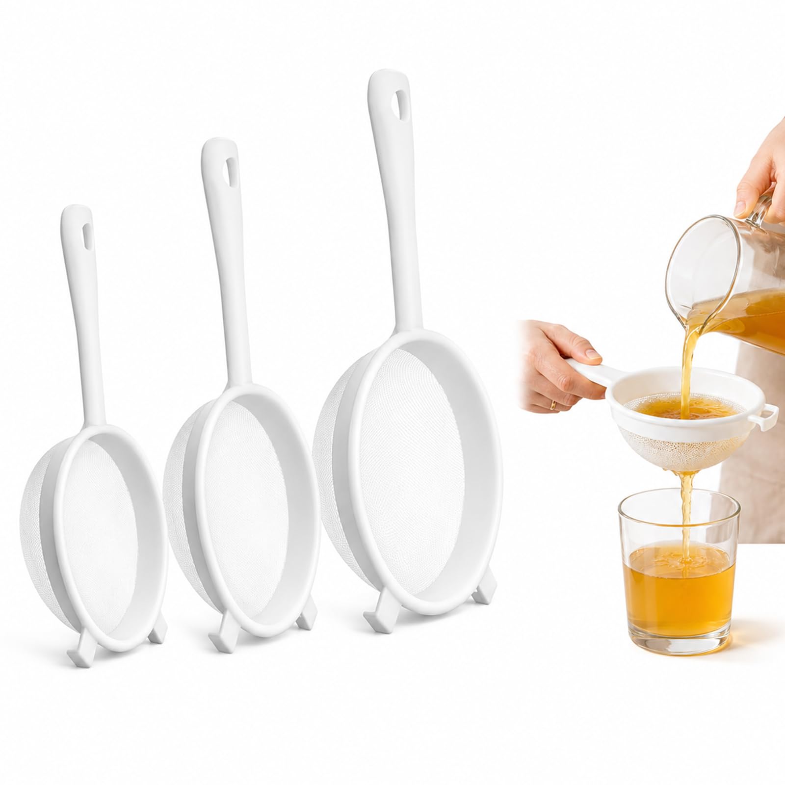 3 Pcs Kitchen Sieve Set, Plastic Handle Straining for Kitchen Use