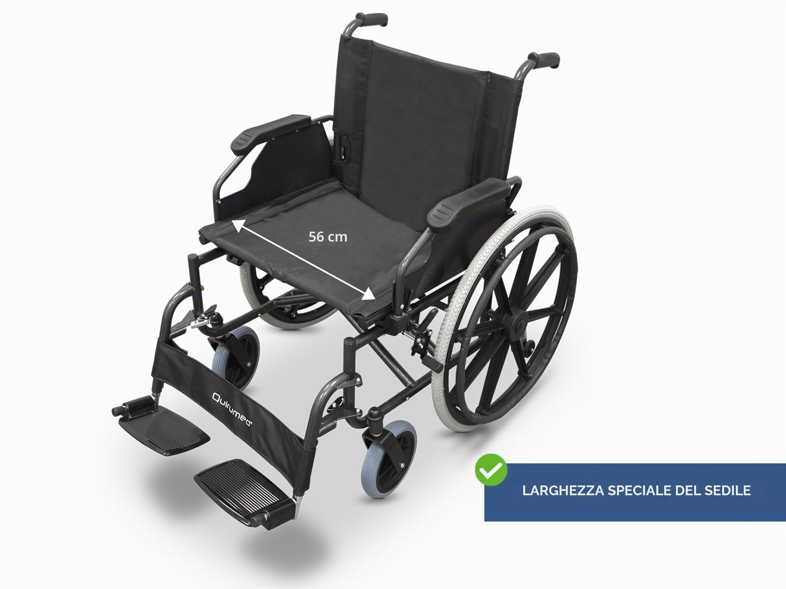 QUIRUMED Sedia a rotelle QUIRUMED, LARGHEZZA SPECIALE 56 CM UTILE, pieghevole, Acciaio, Imbottitura rimovibile, Seduta ampia, Ripiegabile facilmente, Braccioli rimovibili, Per anziani, Per disabili