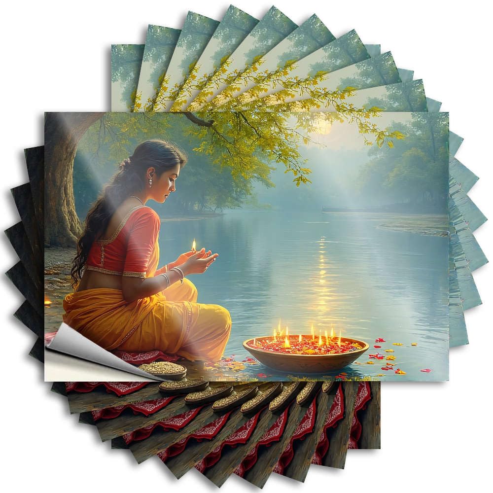 Decals Autumn, Motorcycle Cover A Woman in Traditional Attire Performs A Ritual By A Serene Lake | Restroom Decor(8X12CM)