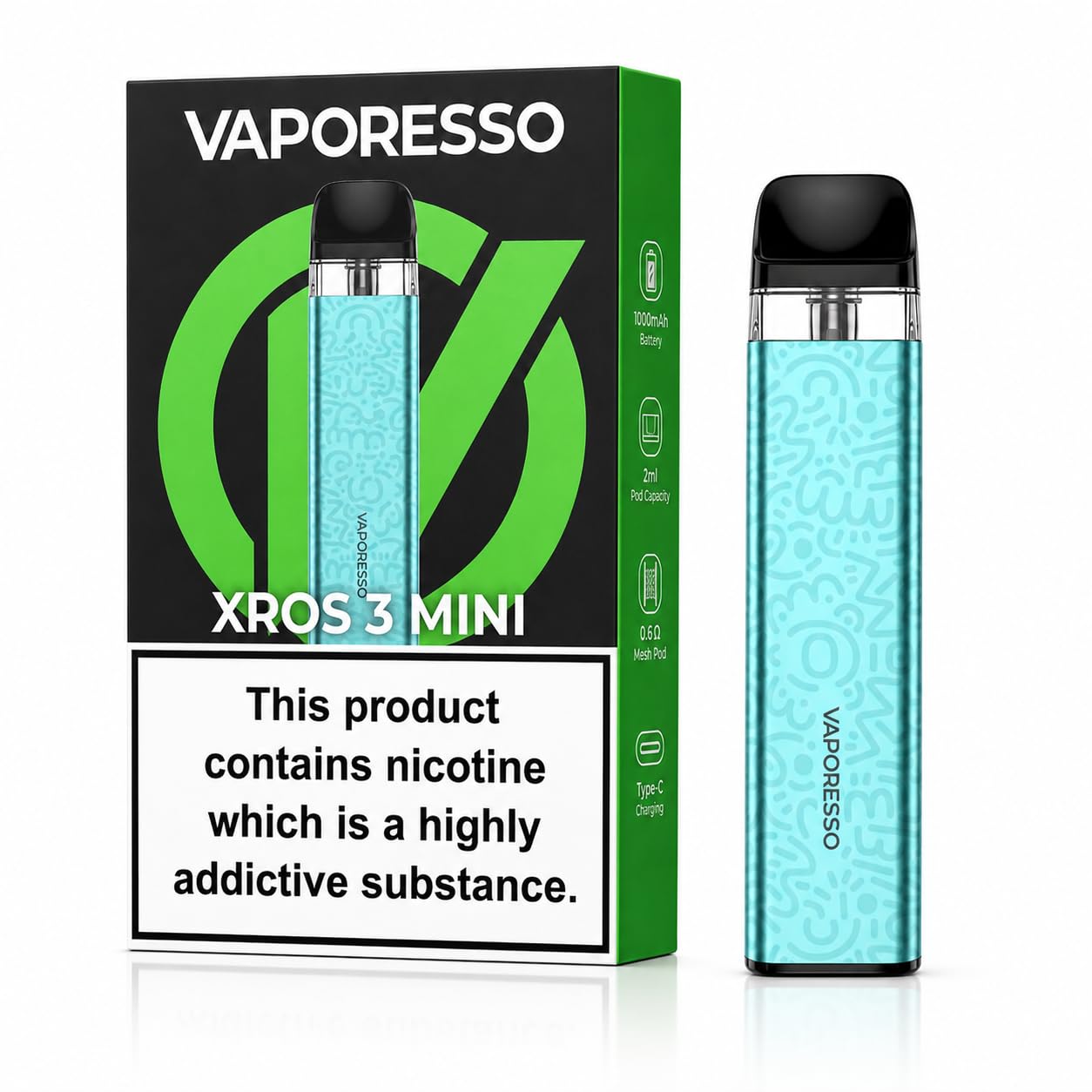 VAPORESSO XROS 3 MINI Vape Kit [Aqua Green] - Rechargeable 1000mAh Battery,  COREX Mesh Technology, Auto-Draw, Adjustable Airflow MTL/RDTL, Compatible  All XROS Series Pods, No Nicotine No Liquid: Amazon.co.uk: Electronics &  Photo