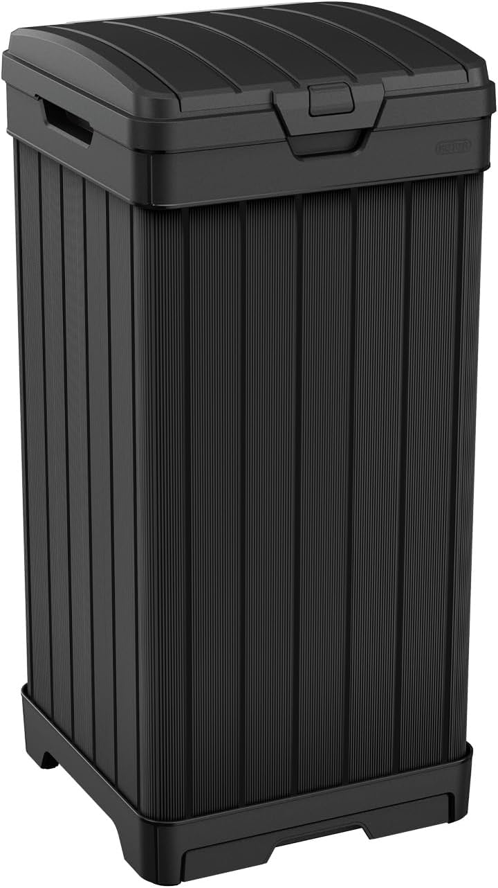 Keter Baltimore 38 Gallon Trash Can with Lid and Drip Tray for Easy Cleaning-Perfect for Patios, Kitchens, and Outdoor Entertaining, 38 Gallons, Black