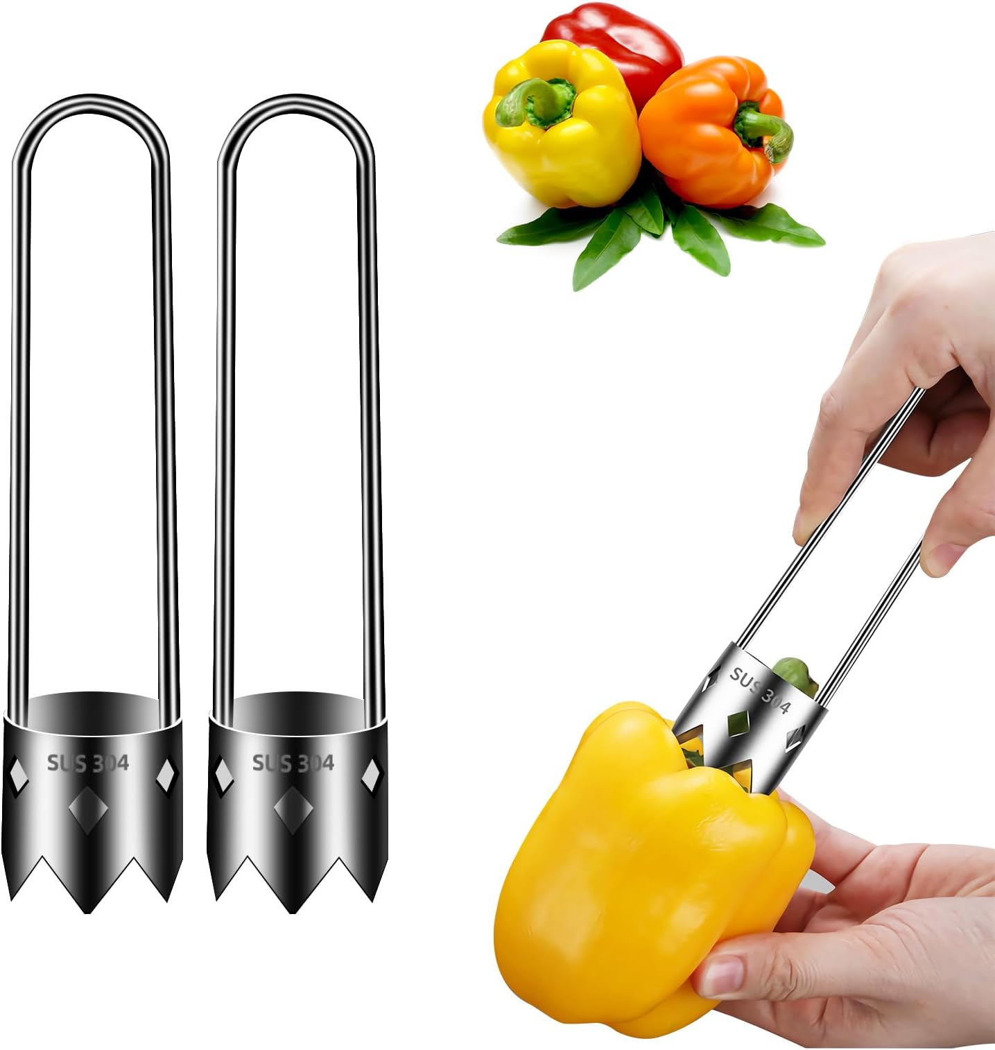 Aerbee 2Pcs Fruit Corer Tool, Multifunction Stainless Steel Apple & Pepper Core Remover, Universal Core Remover Easy Kitchen Gadgets, Practical Pepper Seed Corer for Cored Bell Peppers, Apples, Pears