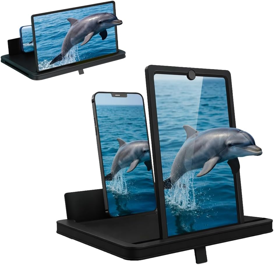 Screen Magnifier for Cell Phone with Adjustable Stand, Foldable Phone Screen Magnifier for Movies & Videos, Hands-Free Viewing, Compatible with All Smartphones (Black, 10'')