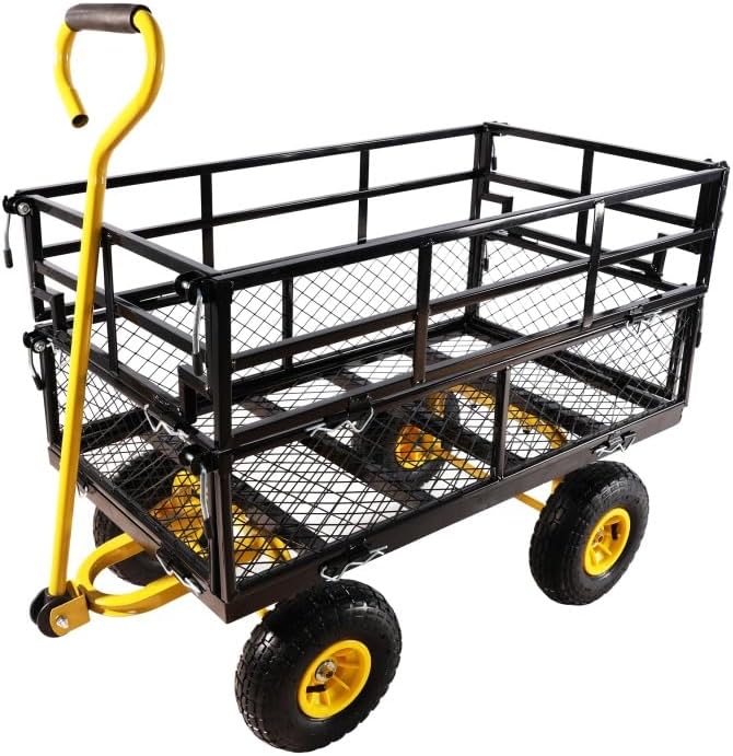 Yellow & Black Heavy-Duty Garden Utility Wagon Cart - 600 lbs Capacity, Inflatable Tires, Multi-Purpose Hauler for Firewood, Yard & Gardening