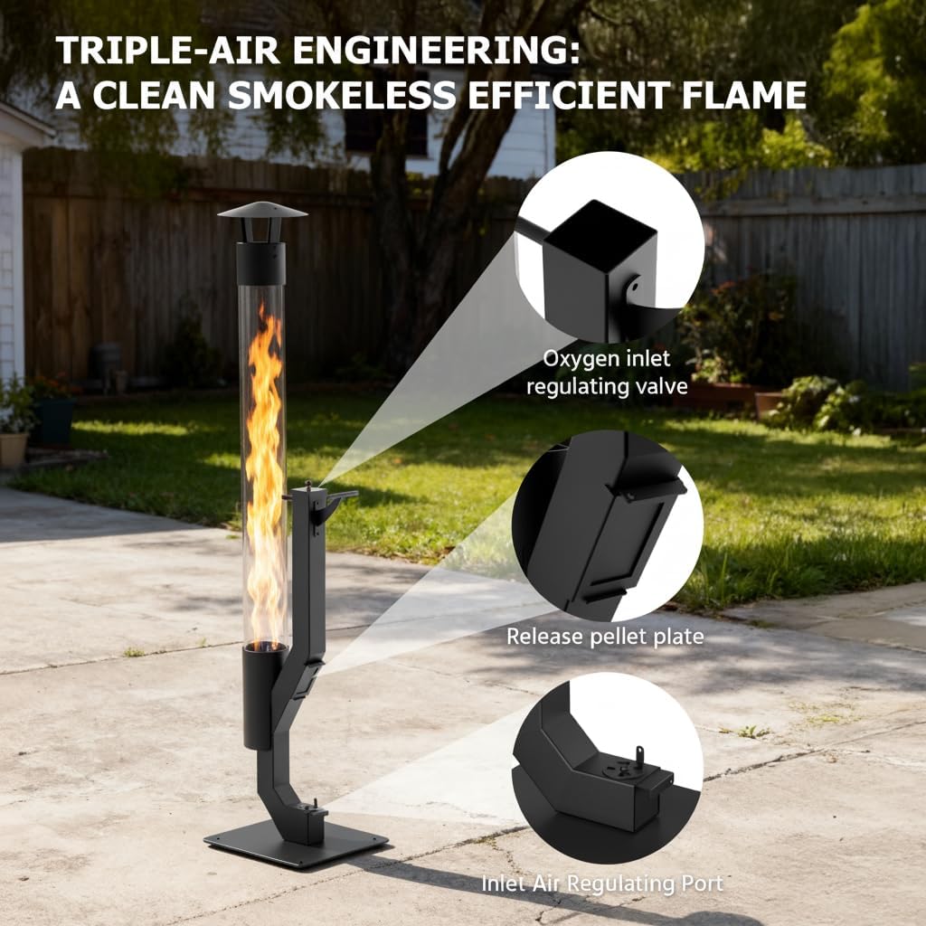 yoyomax Outdoor Pellet Heater， Wood Pellet Patio Heater，Portable Smokeless Wood Pellet Fire Pit with Ash Tray for Backyard Camping Garden Balcony Patio Rocket Stove, PH08