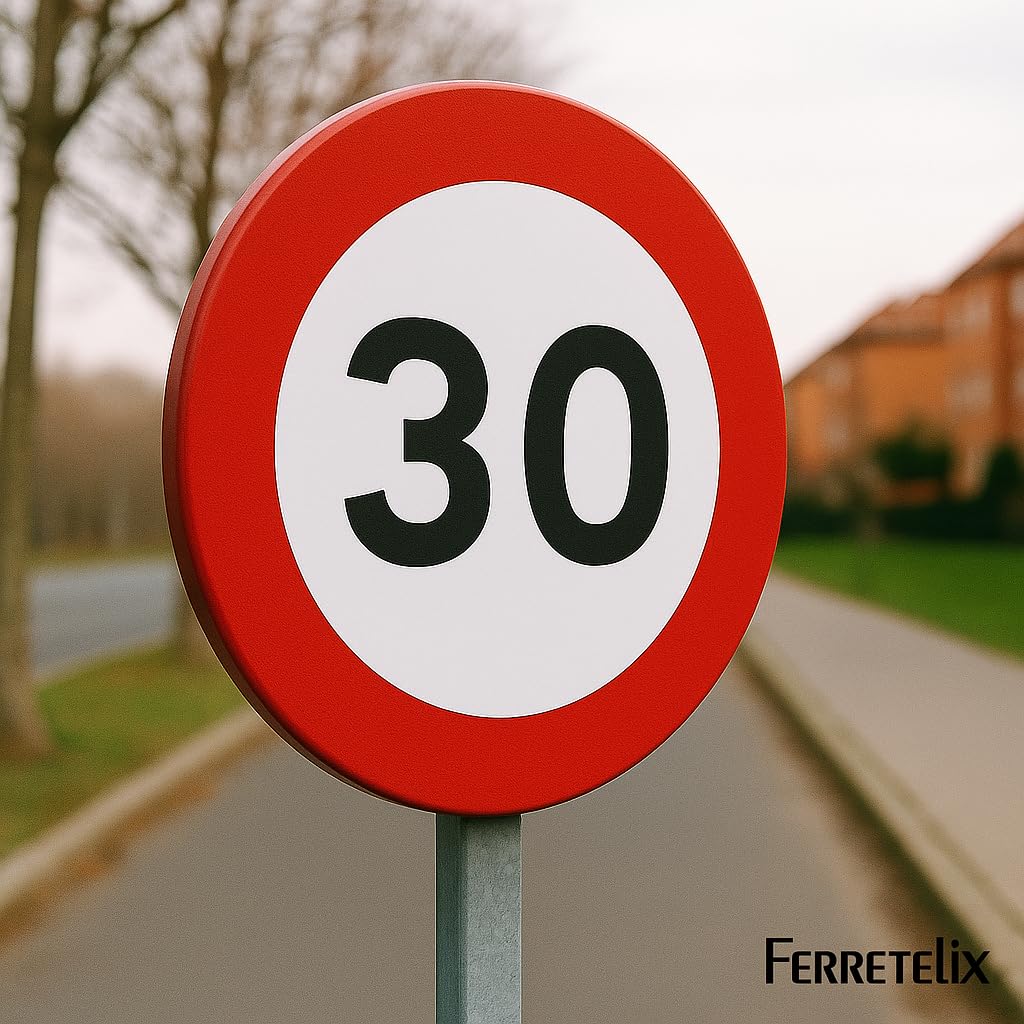 FERRETELIX® Señal de Tráfico Metálica Homologada MOPU R-301 | Velocidad Máxima 30 km/h | 60 cm | Reflectante N1 | Señal Vial Redonda de Chapa Galvanizada para Exterior