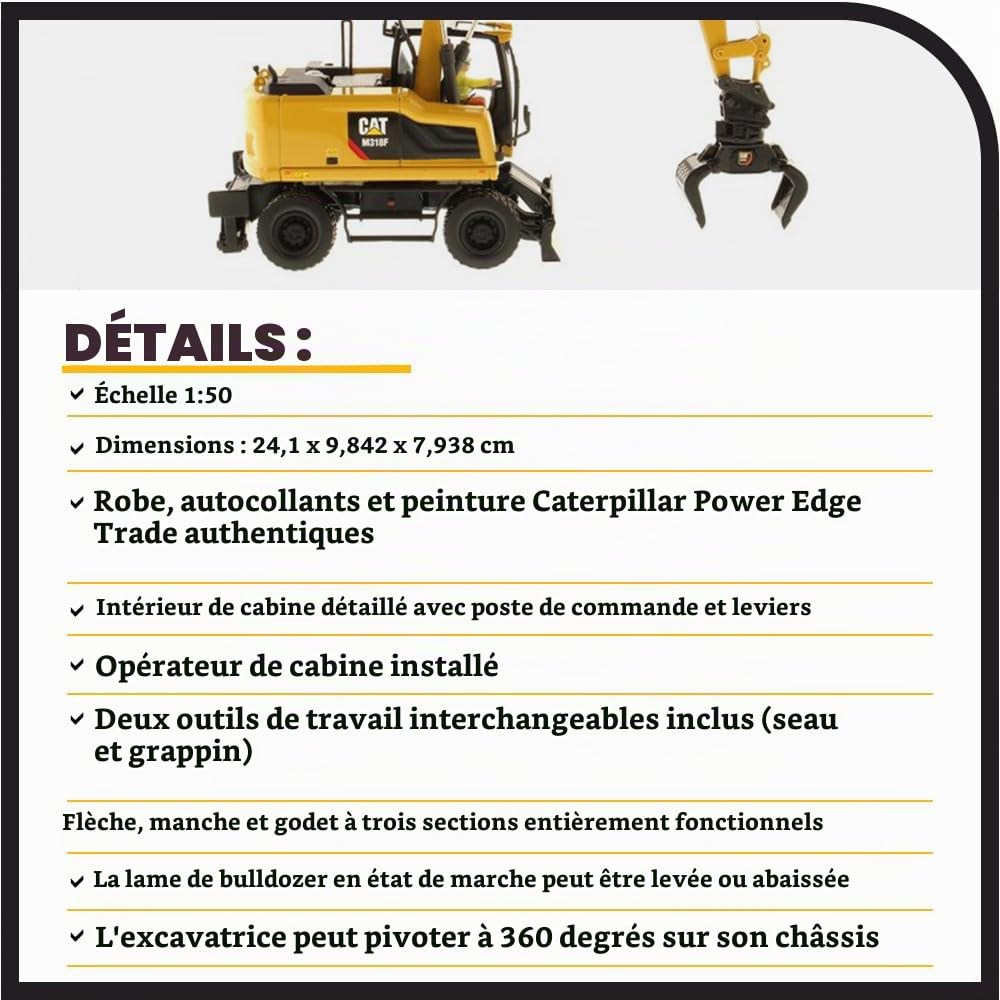 Diecast Masters 85508 - Pelle sur pneus Caterpillar M318F, série High Line, échelle 1:50, env. 17,2 x 5,1 x 6,4 cm, dès 14 Ans, Jaune