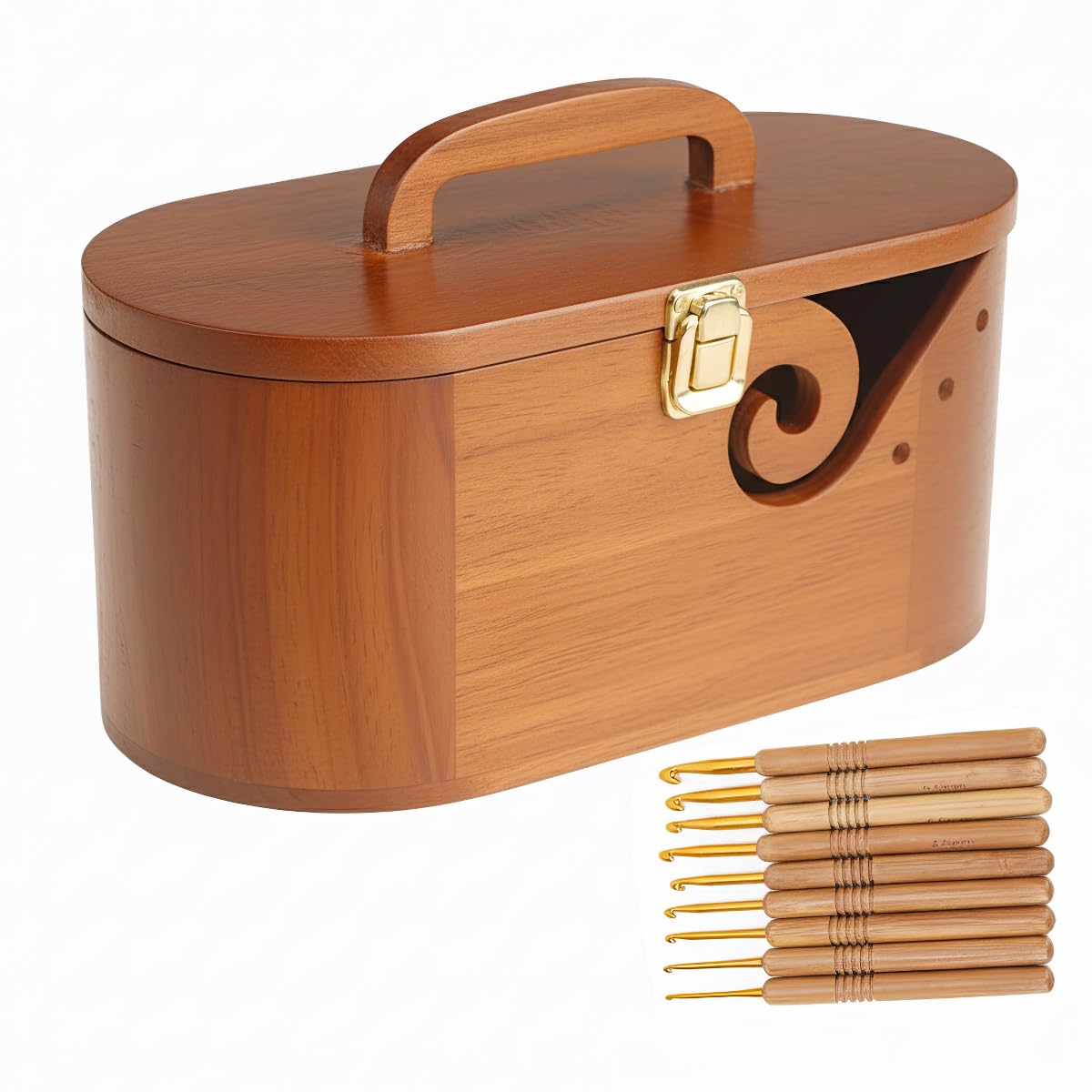 Tragbare ovale Garnschale aus Holz – mit Deckel, Schloss und Griff, 9 Stricknadeln, perfekter Organizer für Fäden und Strickzubehör