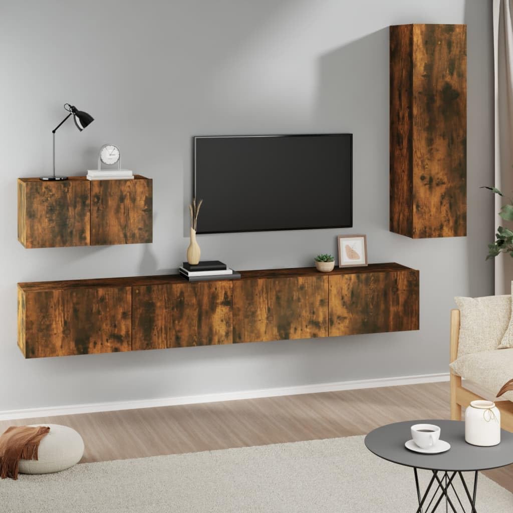 4-TLG. TV-Schrank-Set Räuchereiche Holzwerkstoff, Modernes Media-Center für Wohnzimmer und Schlafzimmer, Wandmontage, Vielseitiger Stauraum