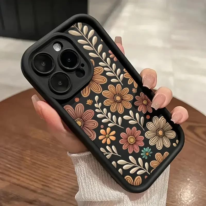 Image of ZR022 for iPhone 16 Pro Max Back Case Cover | Floral Designer Aesthetic Flower Printed Soft Silicone | Slim Fit | Camera Protection | Shockproof TPU Case - Black