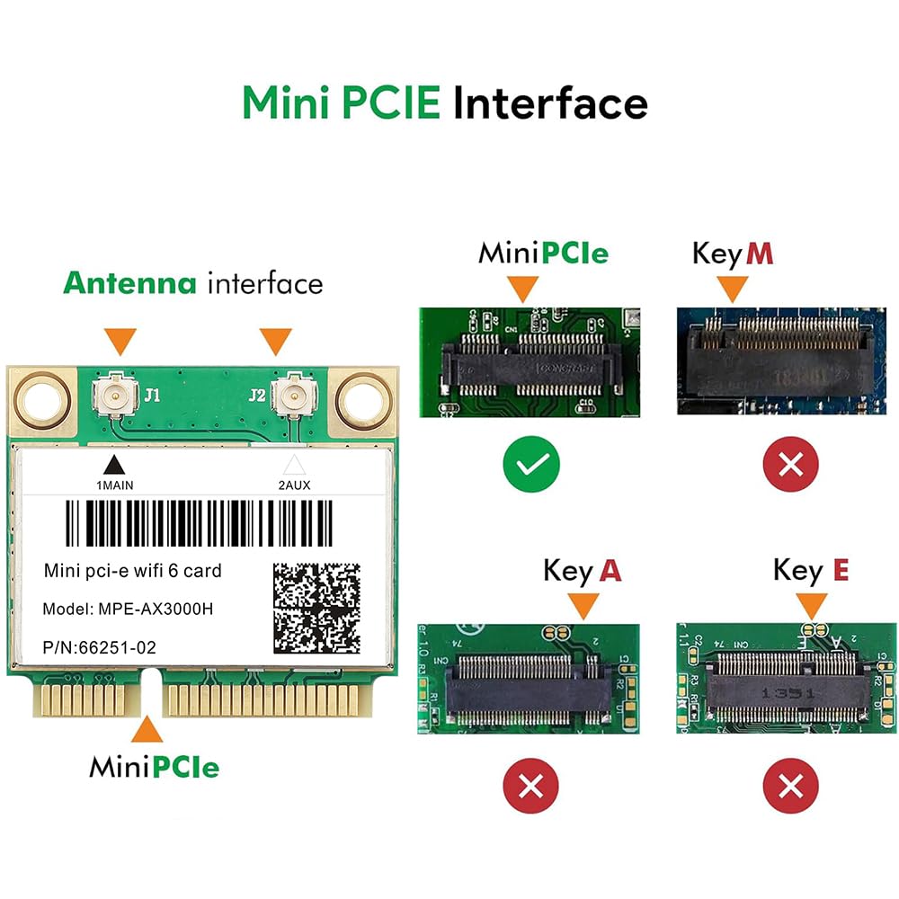 MPE-AX3000H Carte Wi-Fi 6 avec Bluetooth 5.2 PCIe, 574 Mbit/s + 2,4 Gbps AX3000, 160 MHz, OFDMA, MU-MIMO, pour ordinateur portable, faible latence pour jeu/streaming, compatible avec Windows 10/11 64