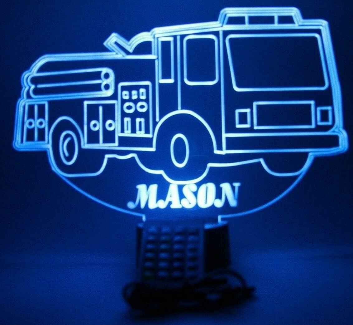 MIRROR MANIA Fire Engine Truck Shape Design Engraved Handmade Personalized Firefighter Night Light Up Lamp LED, Table Desk Lamp Home Room Decor with Remote, 16 Bright Colors - It's Wow