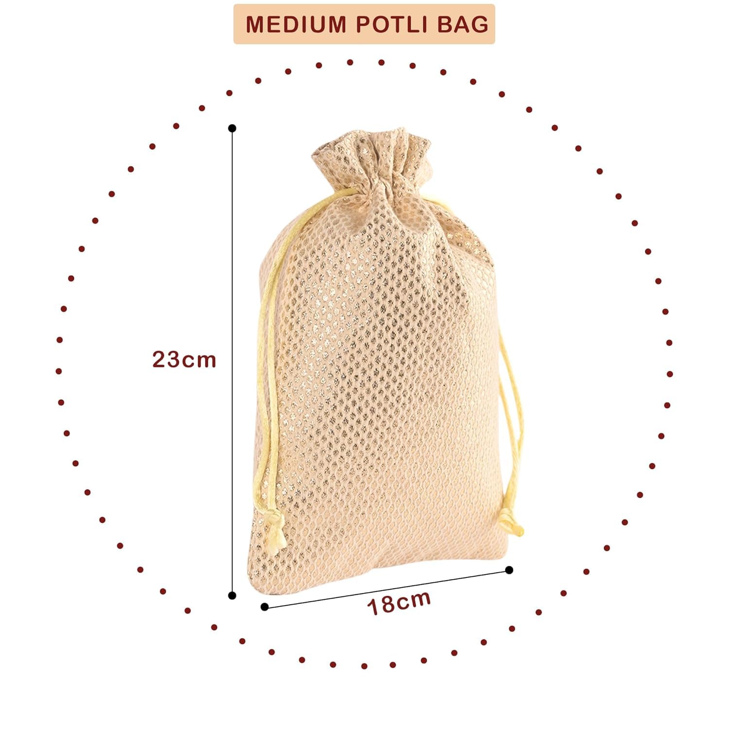 KRUM Zari Potli torebka dla kobiet (4 sztuki) ślubna Shagun Potli z zamknięciem na sznurek, etniczna torebka na prezent na święta, baby shower i prezenty powrotne, złoty