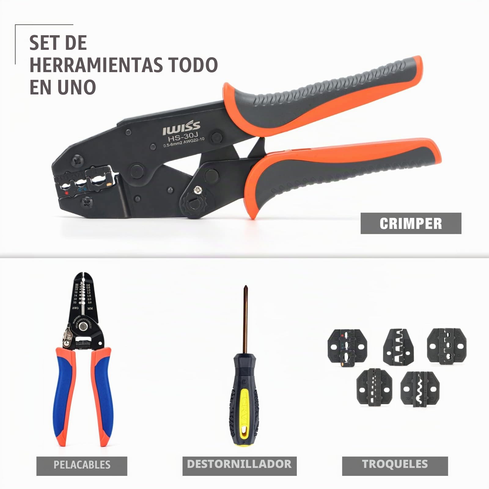 IWISS IWS-30J Kit d'outils à sertir Bornes pour différents types avec 5 ensembles avec découpe Avec coupe-fil et coupe-câble 10-35mm²