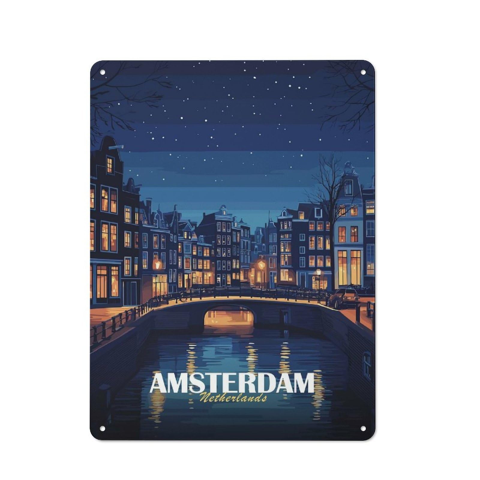 Amsterdam Netherlands Night Cityscape Classic Metal Wall Decor 40x30cm, Metal Wall Plaque for Hobby Room, Office, Lounge Or Living Room