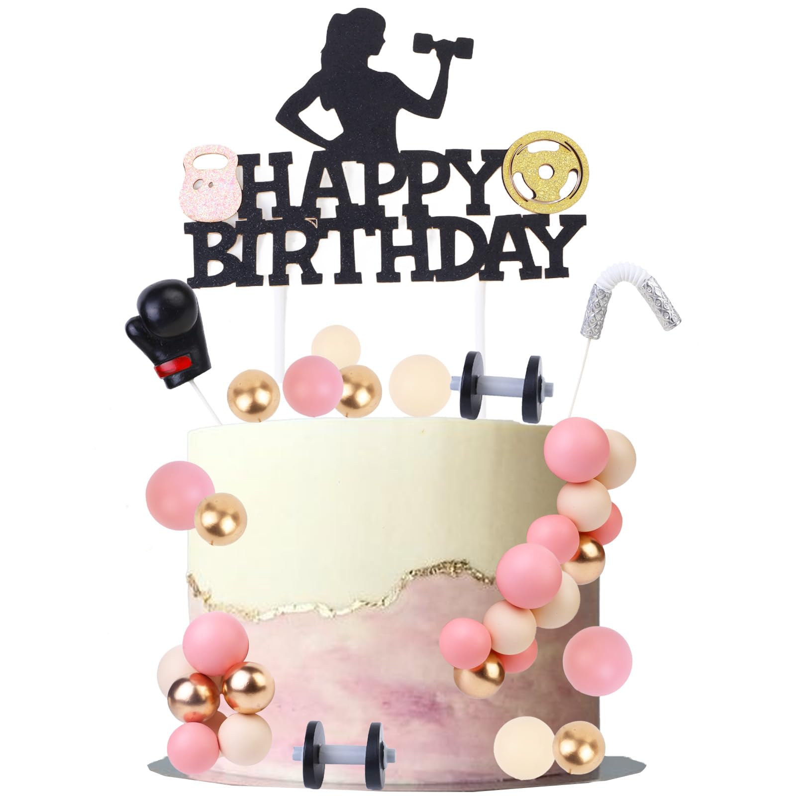 Cheereveal Physical Exercise Happy Birthday Cake Decorations - Gold Pink Exercise Theme Cake Cupcake Toppers, Party Photo Props for Women, Girls