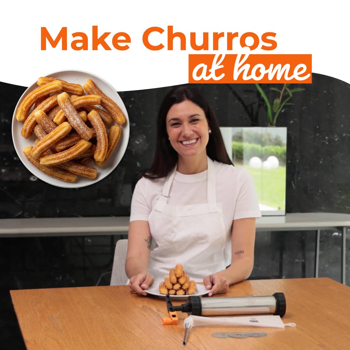 Kit de fabrication de churros avec poignée booster Acier inoxydable 304 Poche à douille XL Churros Remplissage facile QR-Recipe - Presse à churro KneadEat