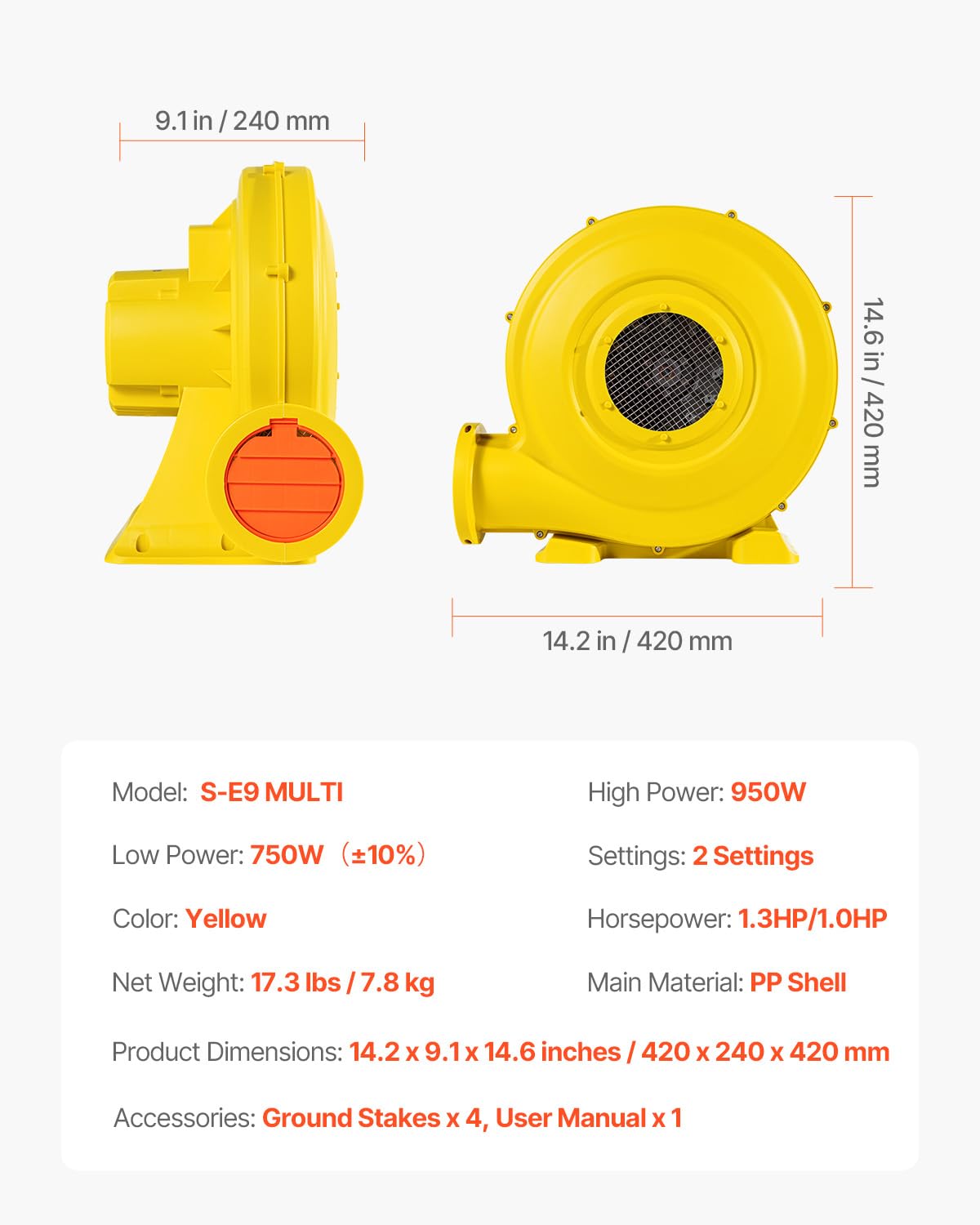 VEVOR Soplador de Aire para Castillos Inflables, 870 W y 950 W, 1,3 HP, Bomba Comercial, Ventilador Eléctrico 3300 RPM, Castillos Inflables, Toboganes de Agua, Amarillo, 420 x 240 x 420 mm