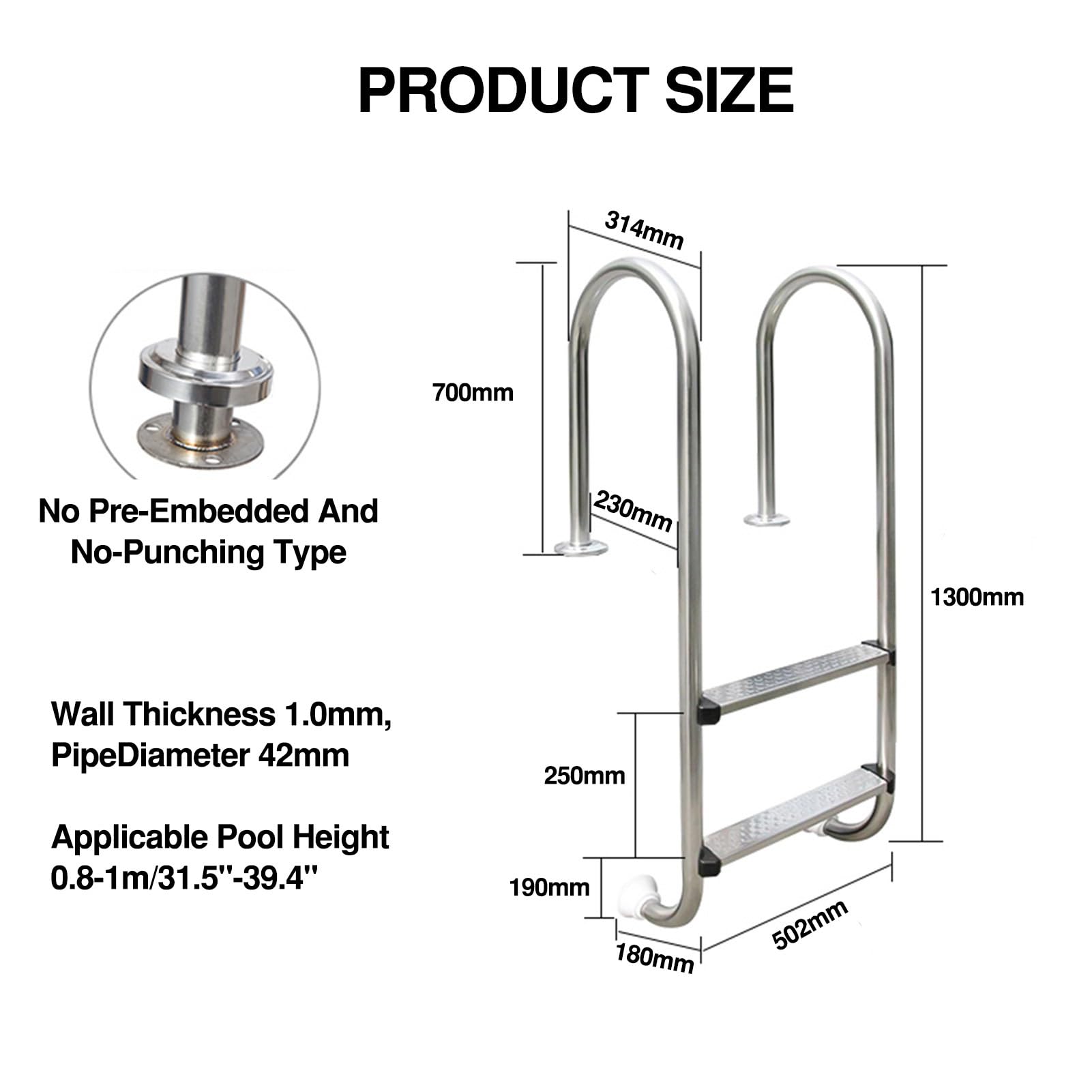 Scaletta per Piscina, scaletta Antiscivolo in Acciaio Inox a 2/3 gradini con corrimano, Portata Massima 100 kg, Adatta per parchi Acquatici e Piscine (2 gradini)