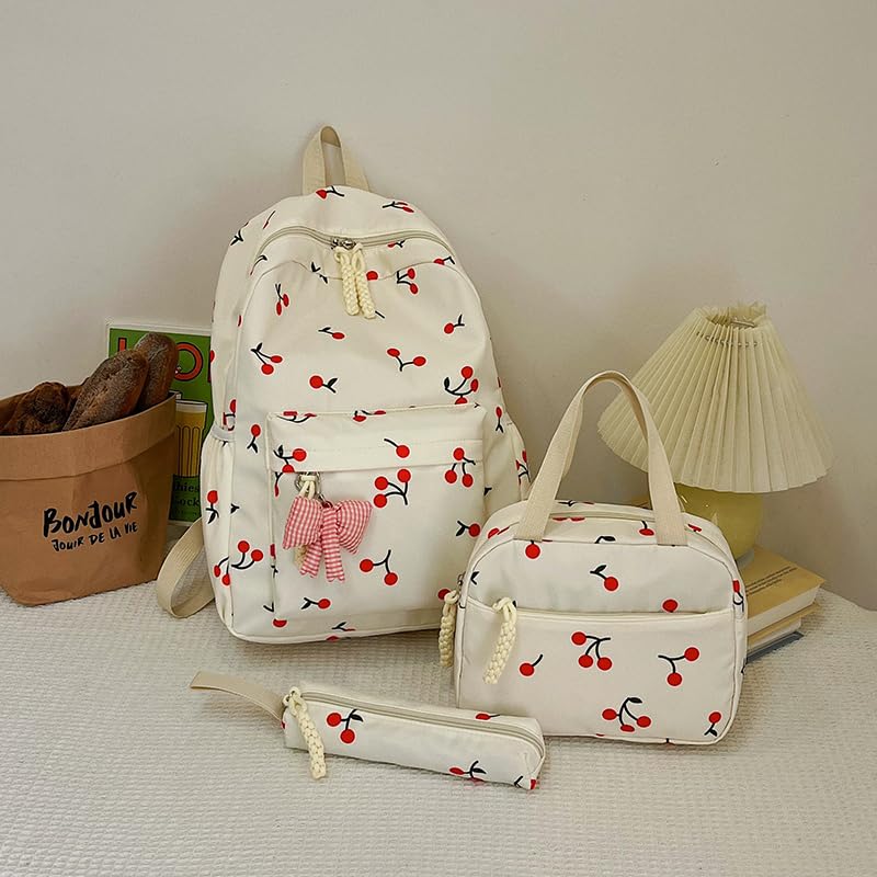 Three-Piece Cherry Backpack with Lunch Bag & Nylon Backpack (White)2