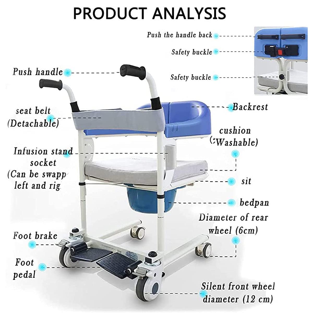 Imove - Silla de elevación y transferencia para pacientes, silla de ruedas multifuncional con ruedas e inodoro integrado, silla de ducha con ruedas para ancianos paralizados, personas con
