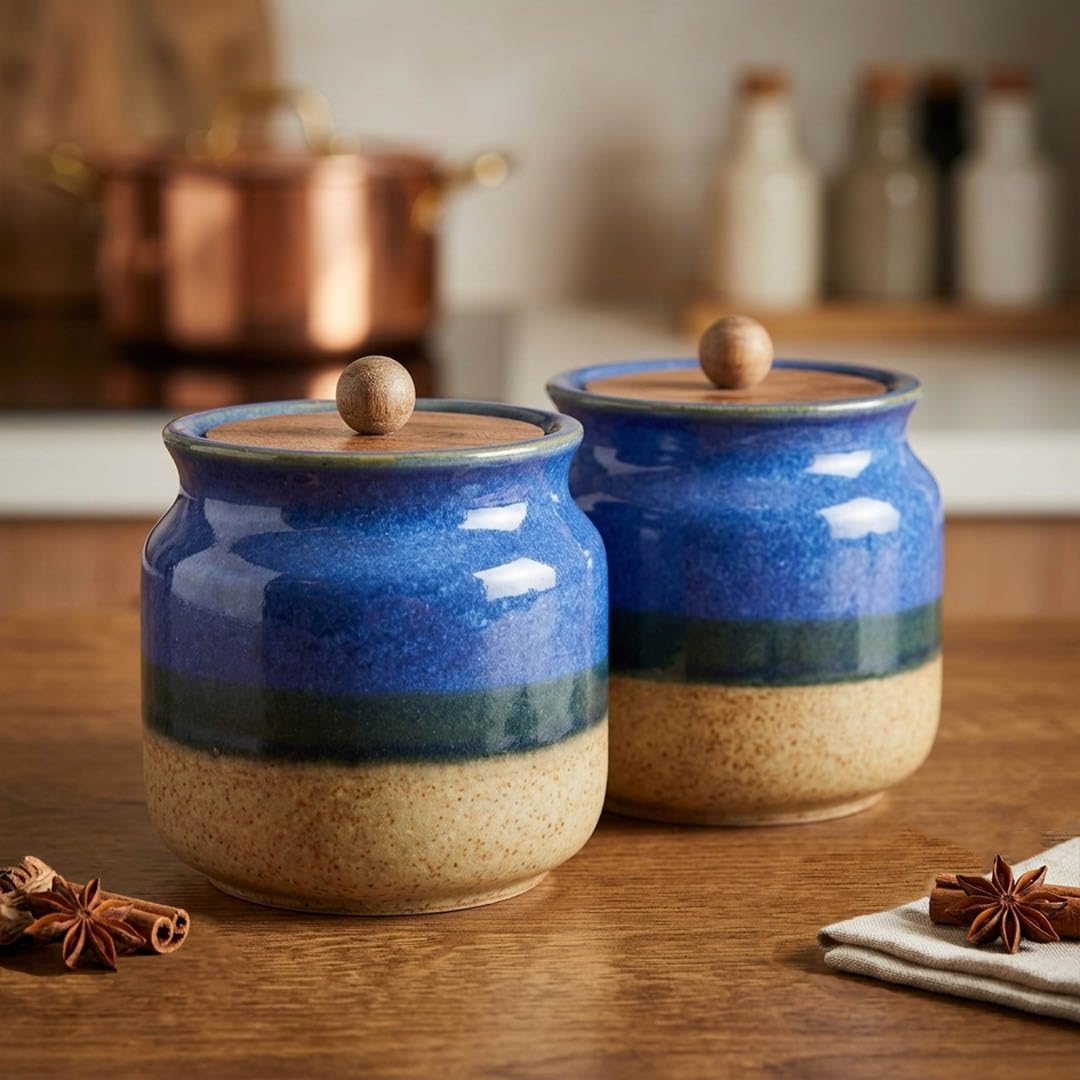 The Earth Store Rustic Blue Ceramic Jar Set of 2 (800ML) kitchen storage containers, airtight jars for kitchen, Ideal for Spices, Sugar, Cookies & Pickle Storage