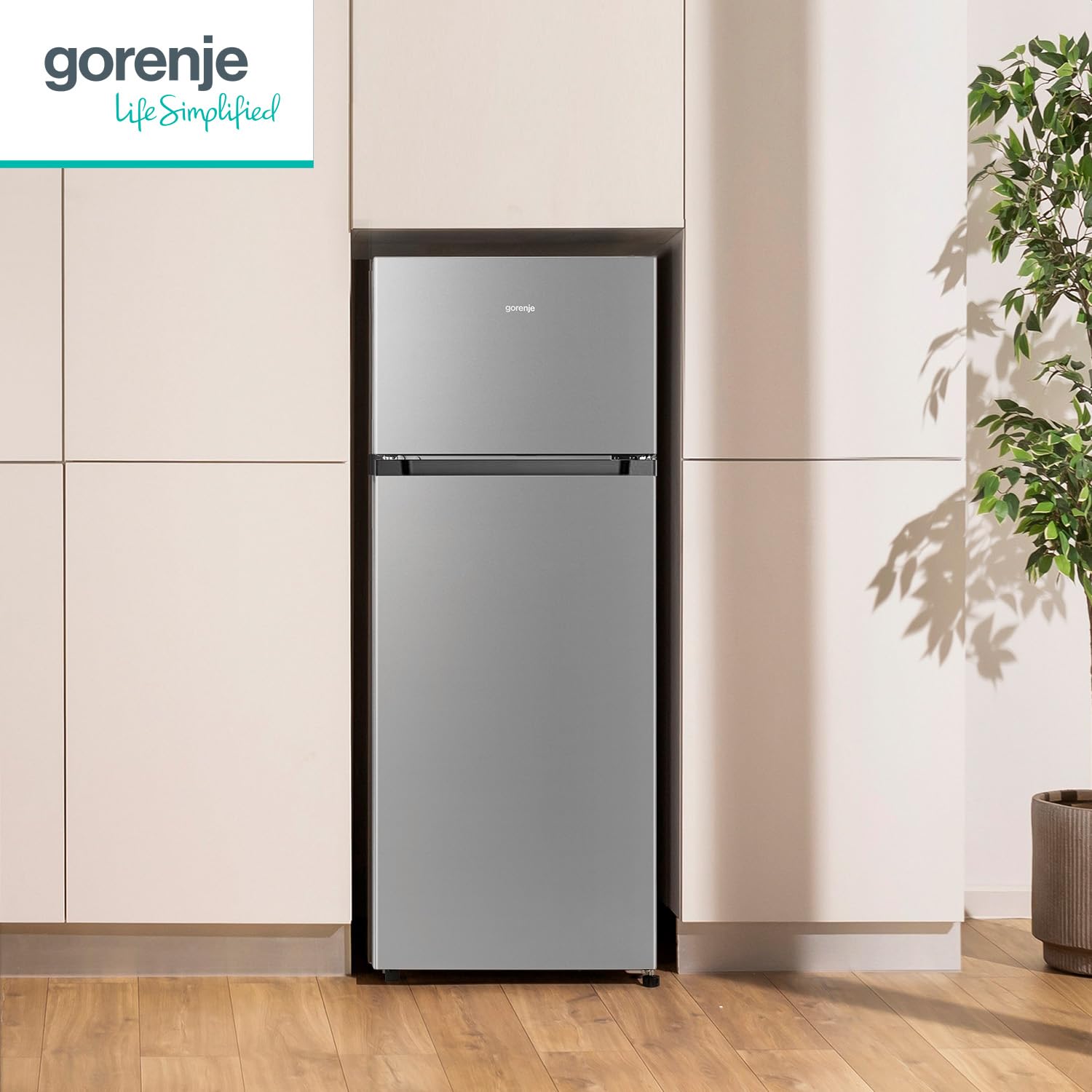 Gorenje RF414EPS4 Doppeltürkühlschrank mit Gefrierteil oben, 165 Liter Kühleil, 41 Liter Gefrierteil, LED Innenbeleuchtung, Energieeffizienzklasse E, 143,6cm x 55cm, Edelstahl-Look