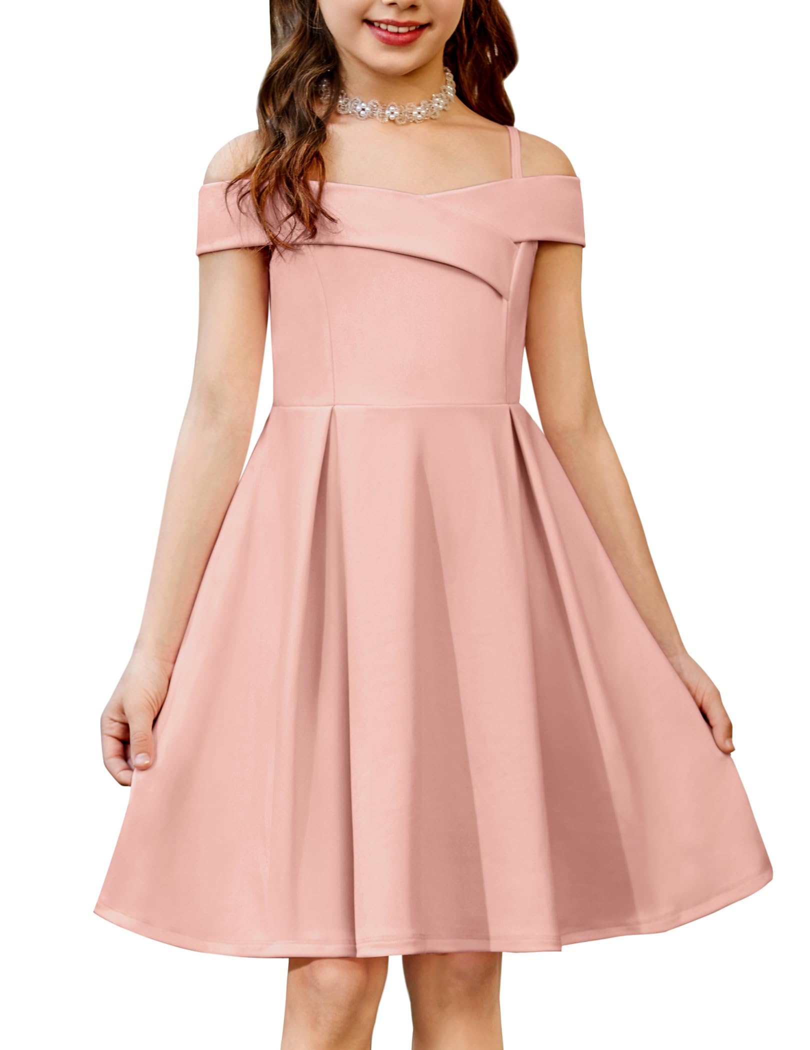 Arshiner Girls Summer Dress Off Shoulder Fold Pleated Formal Elegant A-Line Party Dresses with Pocket — view 16