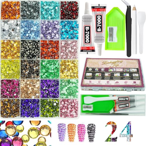 24 Colours Bedazzling Kit with 2 pcs Glues 3mm SS12 Multicolour Resin Rhinestones Flatback Gems Non-HOTFIX Bedazzler with 20ml B7000 and 5 Tools for DIY Nail Art Decoration