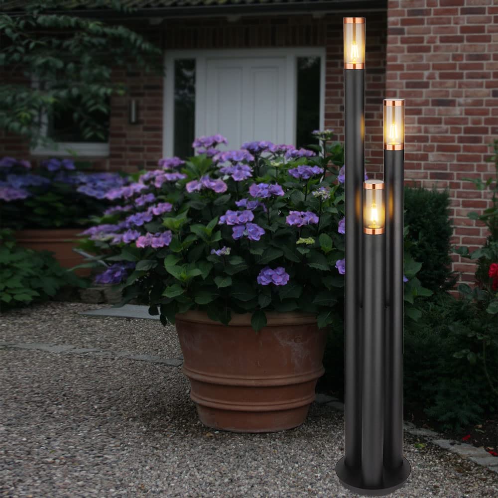 Wegeleuchten Außen Edelstahl Außenlampe Standleuchte Gartenleuchte schwarz, Kupfer rauchfarben, 3 Flammig E27, DxH 28 x 170 cm