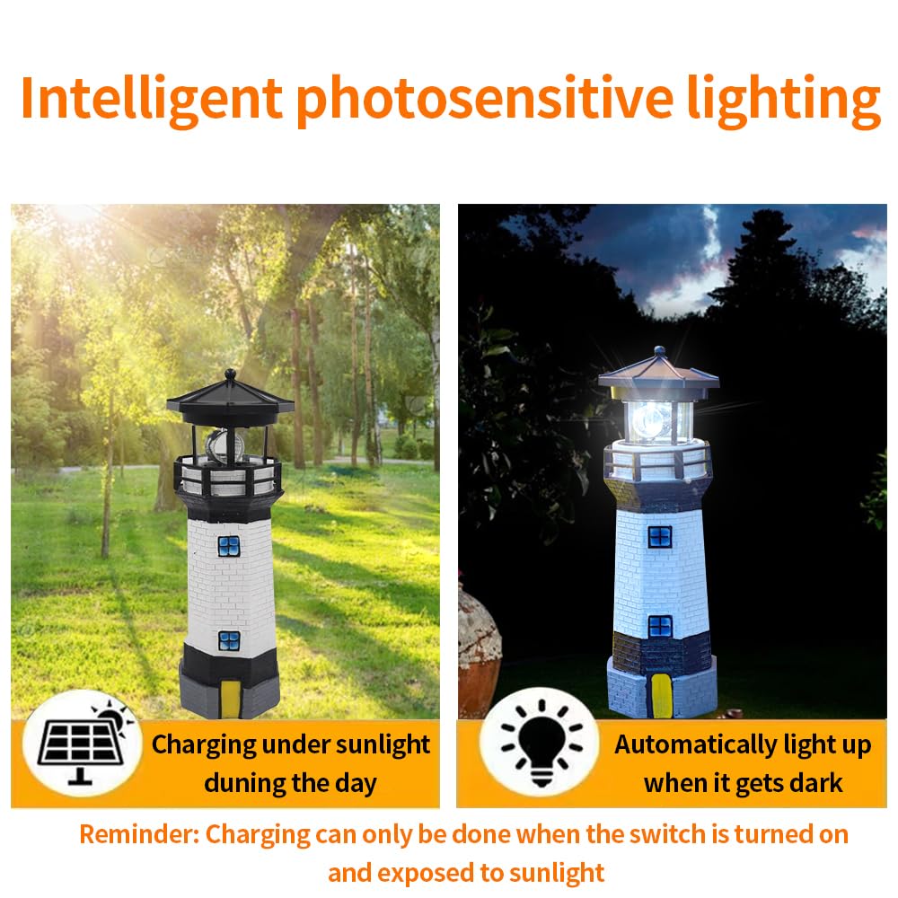 YZYOE Black and White Solar Lighthouse, Rotating LED Lighthouse Decorative Lights, Courtyard Waterproof Landscape Lights - Image 3