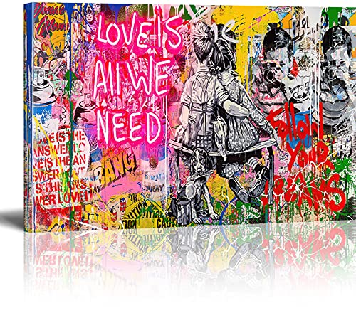 Cuadros Bansky Impresión sobre lienzo Love is All We Need Street Graffiti Art Cuadro Banksy Cuadro Moderno Salón Decoración Mural XXL con marco 70 x 100 cm
