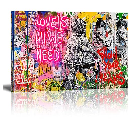 Cuadros Bansky Impresión sobre lienzo Love is All We Need Street Graffiti Art Cuadro Banksy Cuadro Moderno Salón Decoración Mural XXL con marco 70 x 100 cm