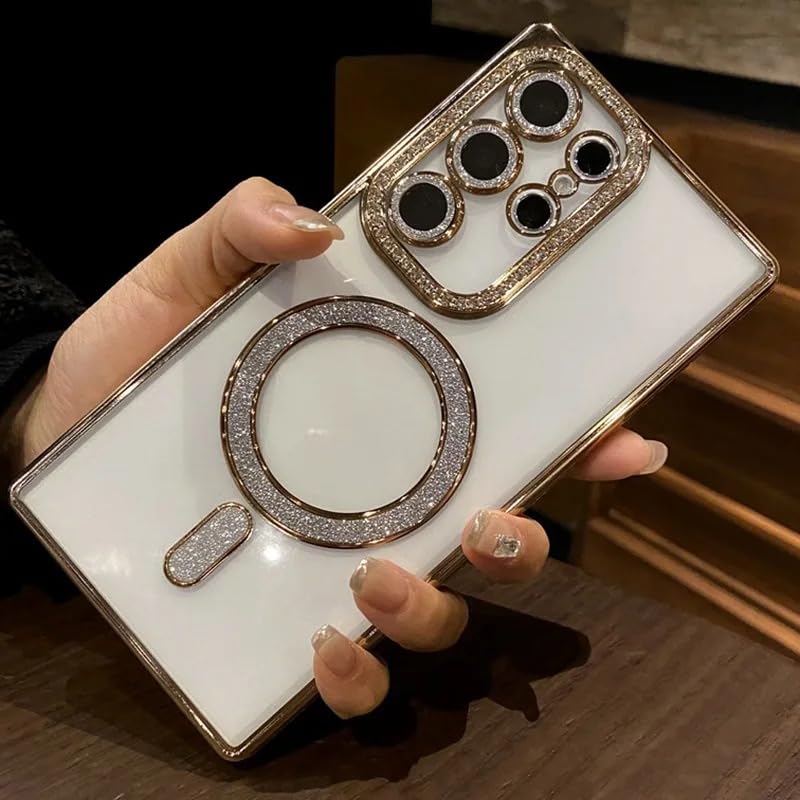 Image of for Samsung Galaxy Glitter Case,Luxury Bling Rhinestone Diamond Plated Bumper Case,MagSafe, Sparkle Camera Lens Protection Clear Back Cover (Gold, for Samsung Galaxy S24 Ultra)