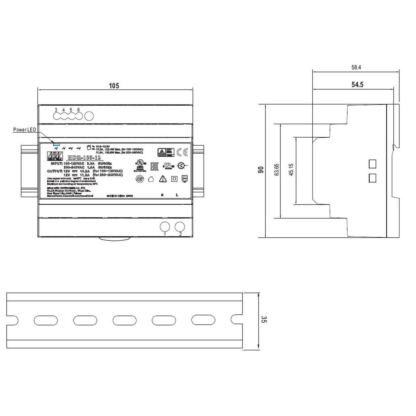 MEAN WELL HDR-150-24 150W 24V 6,25A Alimentation Din Rail DIN-RAIL